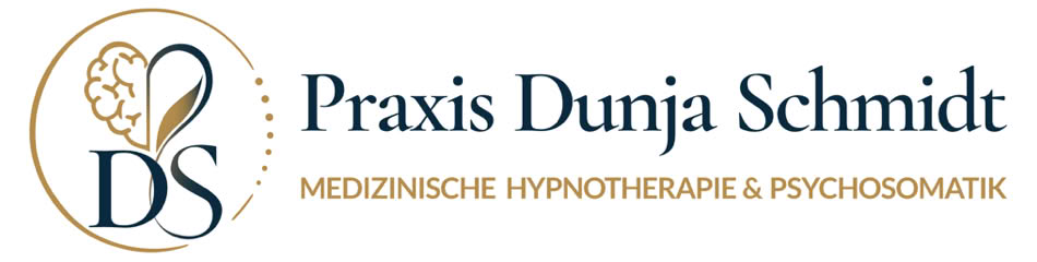 Logo mit den Buchstaben "DS" und einem stilisierten Gehirn, daneben der Text "Praxis Dunja Schmidt" und "Medizinische Hypnotherapie & Psychosomatik".