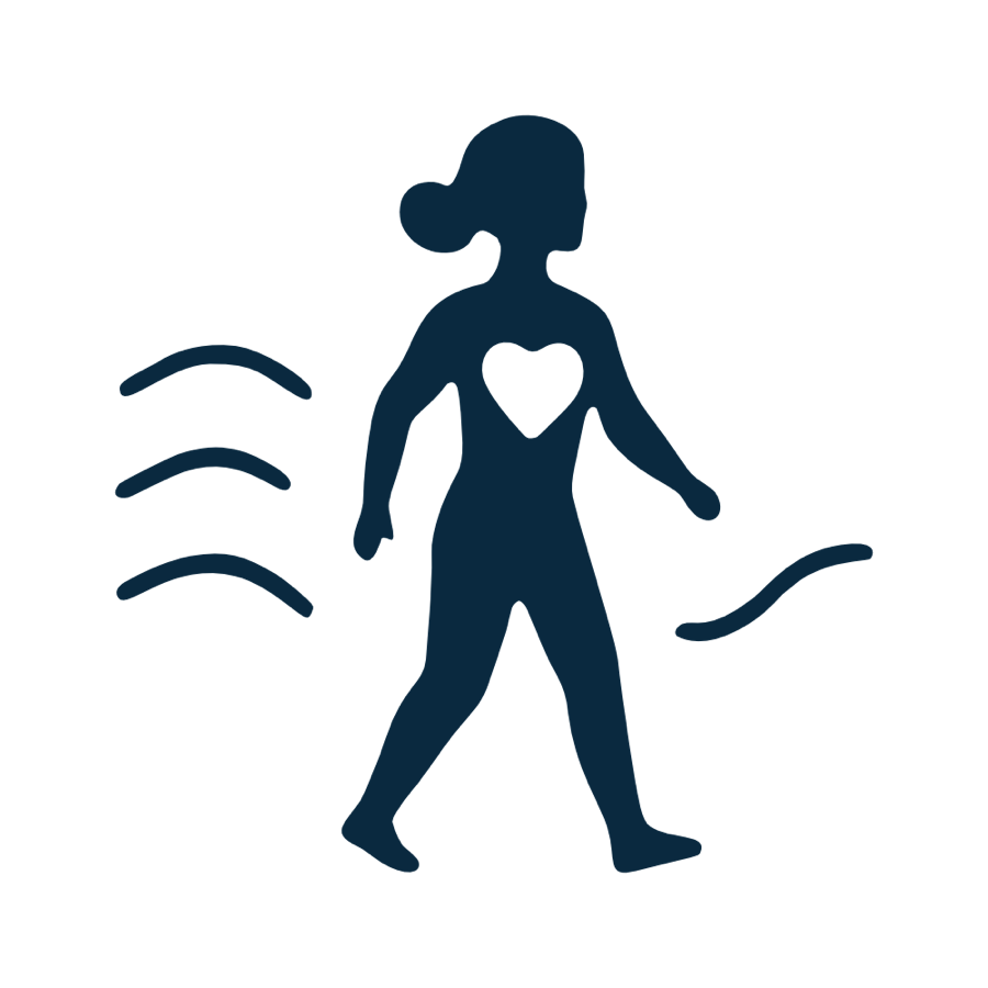 Eine stilisierte Silhouette einer gehenden Person mit einem Herzsymbol auf der Brust und wellenf&ouml;rmigen Linien daneben.