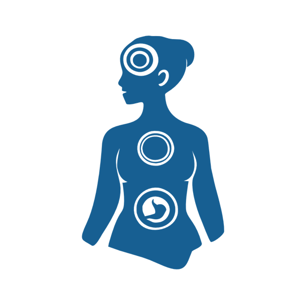 Blaufarbene Silhouette einer Person mit drei Kreisen auf Kopf, Brust und Bauch.