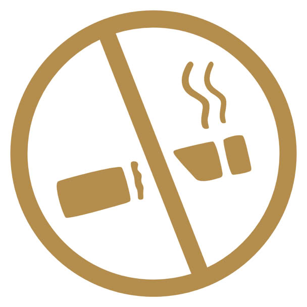 Goldfarbenes Symbol eines durchgestrichenen Zigarettenstummels und einer dampfenden Tasse in einem Kreis.