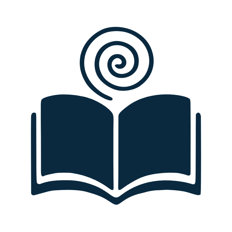 Ein stilisiertes, ge&ouml;ffnetes Buch mit einer spiralf&ouml;rmigen Linie dar&uuml;ber.