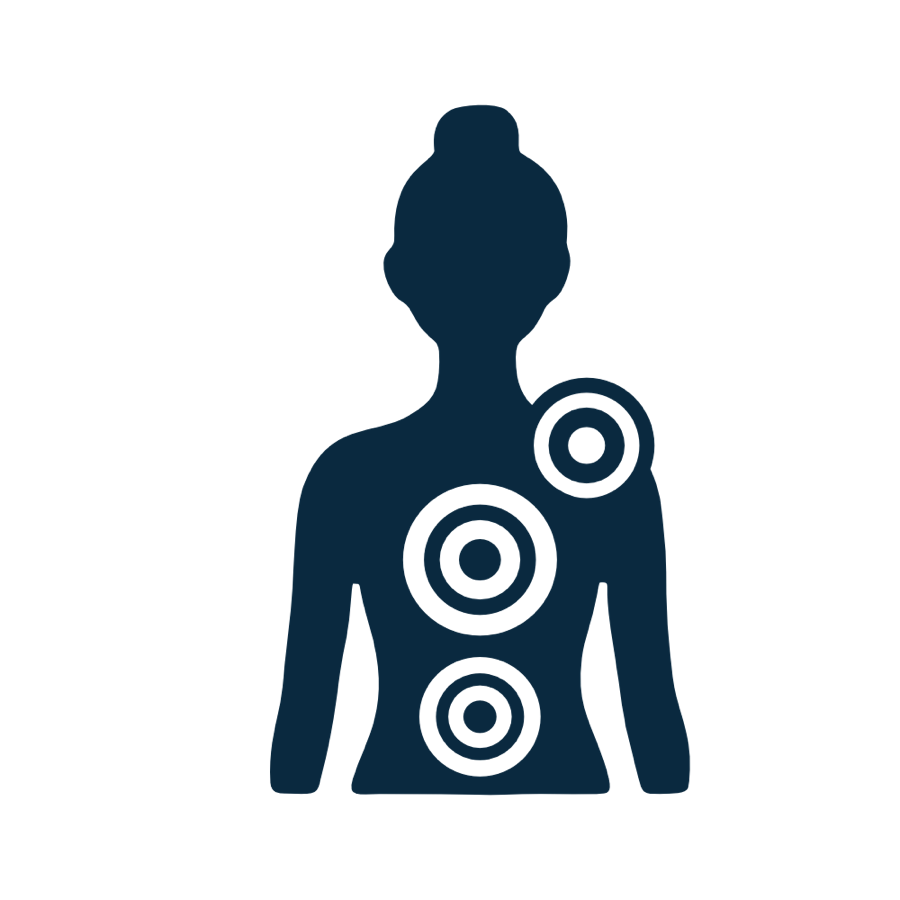 Silhouette einer Person mit drei Zielscheiben auf dem R&uuml;cken und der Schulter.