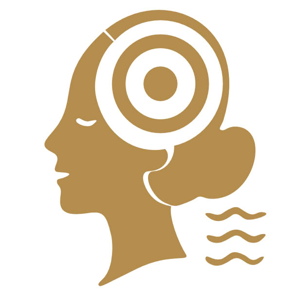 Silhouette eines Profils einer Person mit einem stilisierten Zielscheibenmuster auf dem Kopf und wellenf&ouml;rmigen Linien dahinter.