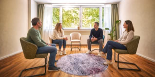 Vier Personen sitzen in einem hellen Raum auf St&uuml;hlen im Kreis, mit einem runden Teppich in der Mitte und einem gro&szlig;en Fenster im Hintergrund.