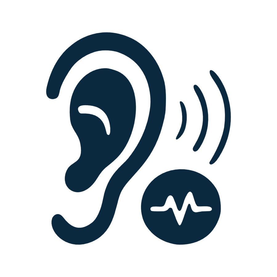 Symbol eines Ohrs mit Schallwellen und einem Kreis mit einer Wellenlinie.