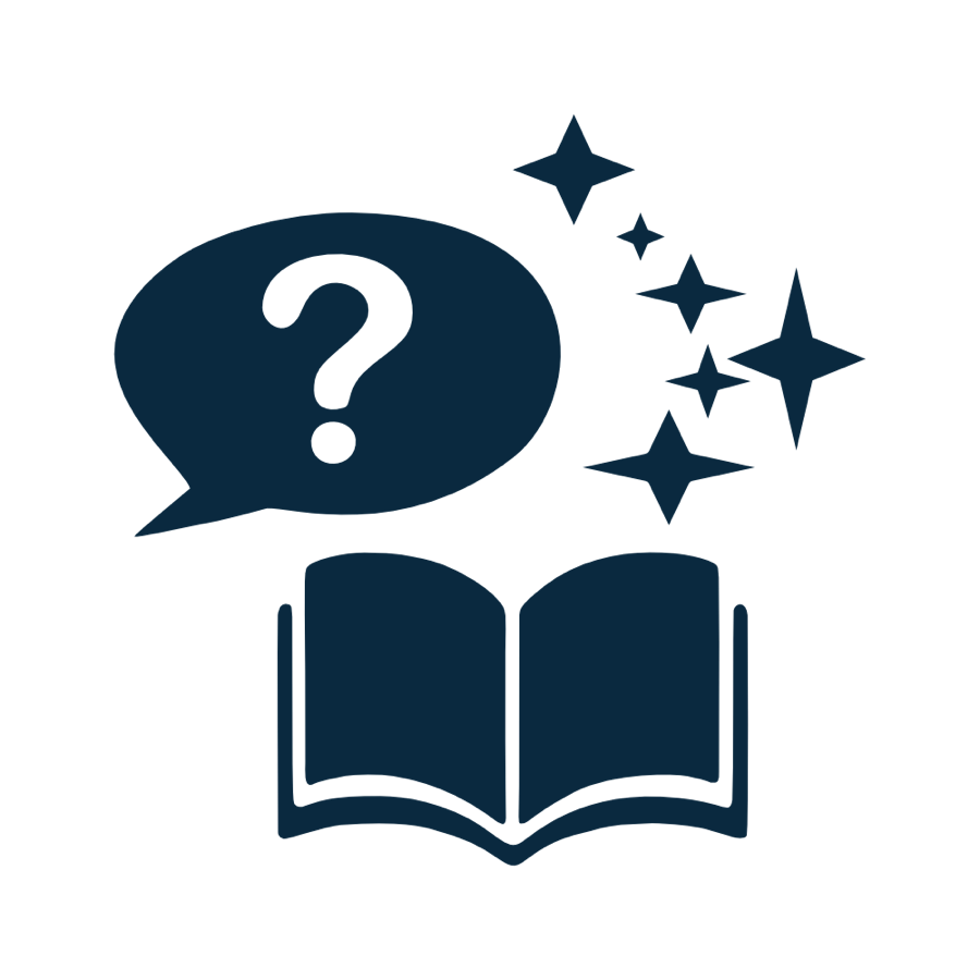Offenes Buch mit einem Sprechblasen-Symbol mit Fragezeichen und funkelnden Sternen dar&uuml;ber.