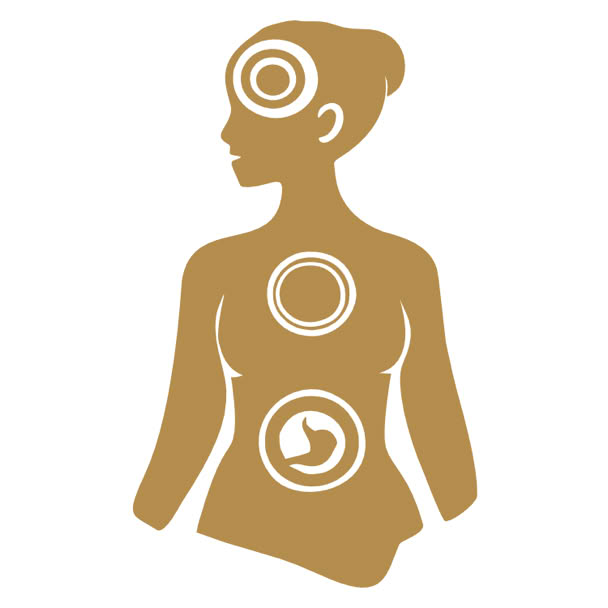 Goldfarbene Silhouette einer Frau mit drei Kreisen auf Kopf, Brust und Bauch.
