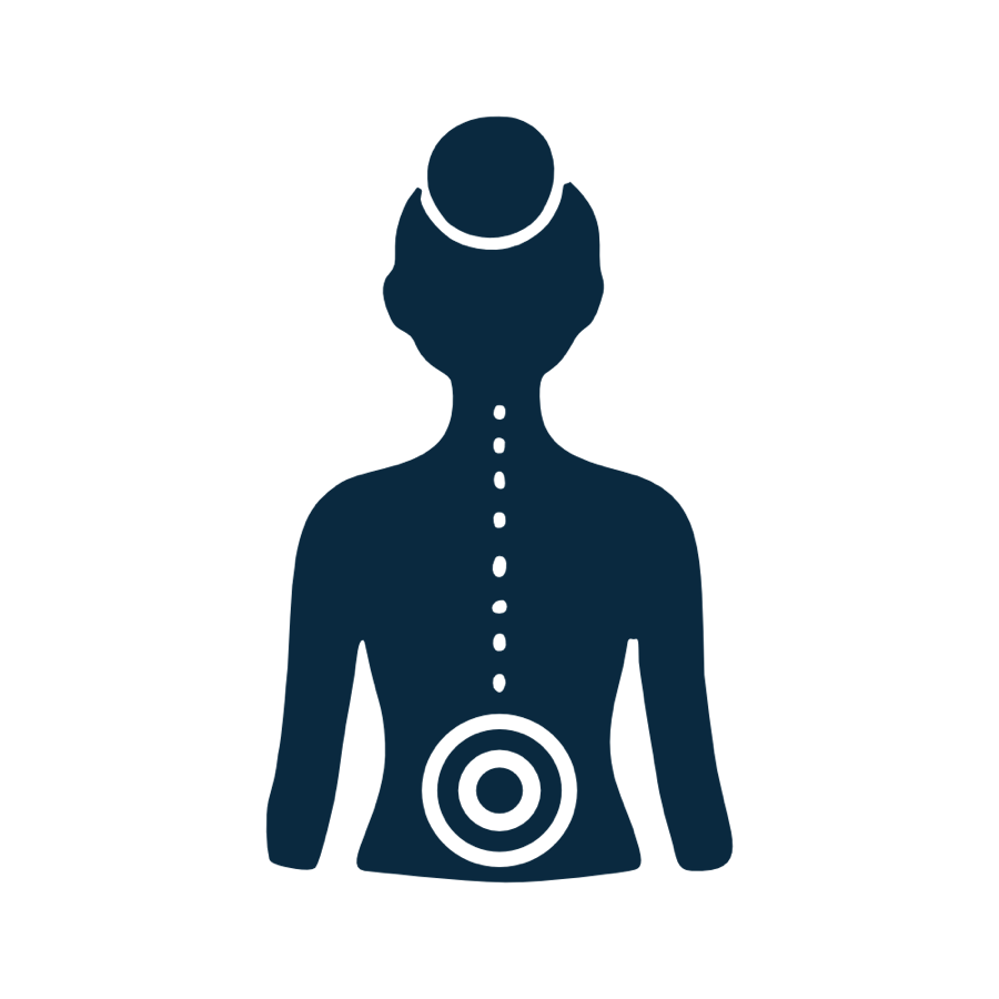 Silhouette einer Person von hinten mit einem Punktmuster entlang der Wirbels&auml;ule und einem Zielsymbol im unteren R&uuml;ckenbereich.
