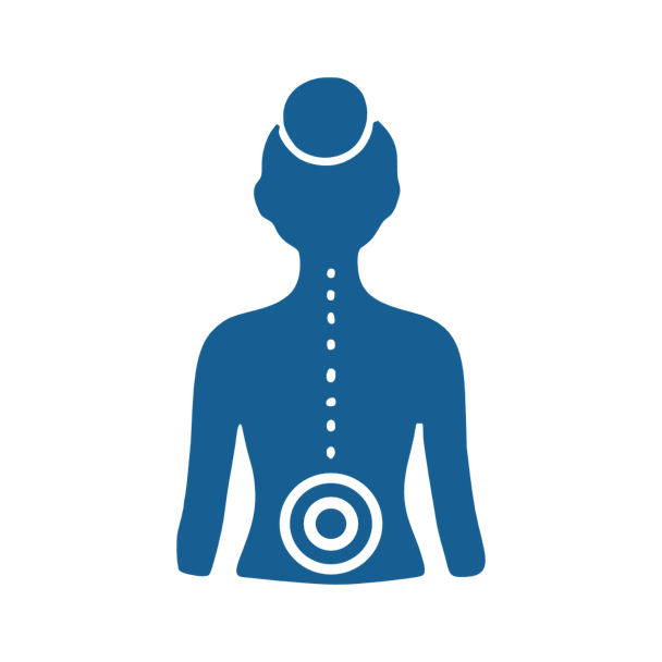 Silhouette einer Person von hinten mit einem Dutt, einer gepunkteten Linie entlang der Wirbels&auml;ule und einem Zielscheiben-Symbol im unteren R&uuml;ckenbereich.